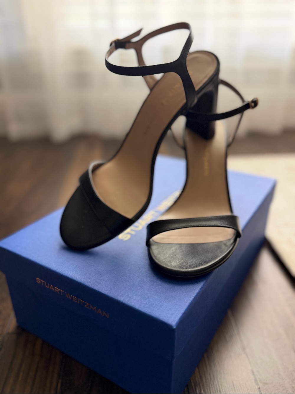 Stuart Weitzman Babette Black Leather Heel Sandals 9.5